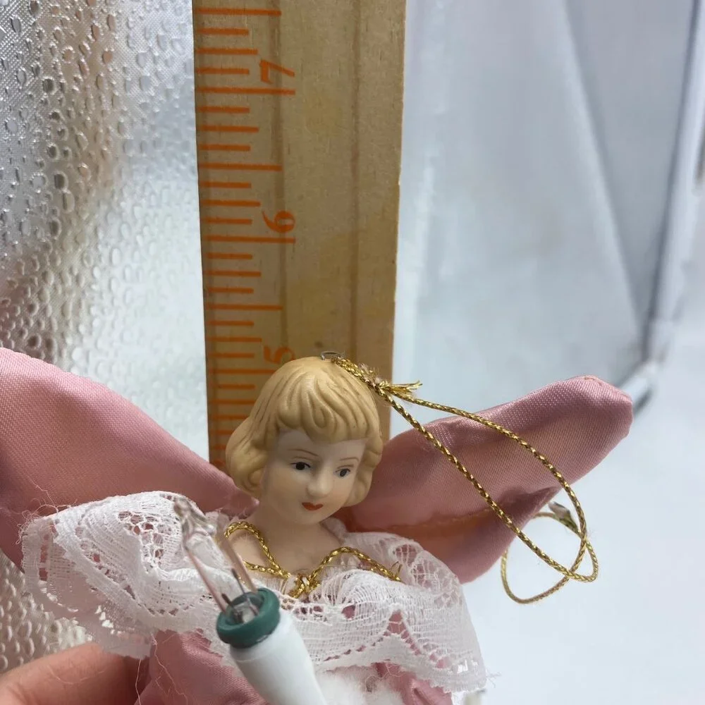 Vtg Lighted Mini Angel Tree Topper Christmas Pink Satin Dress Lace Trim 5” Plug‎